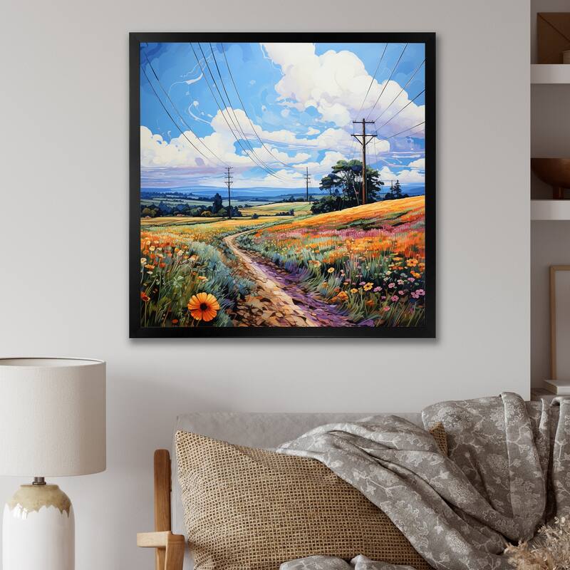 Designart "Power Lines Wired Wilderness" Landscapes Framed Wall Art Living Room Bed Bath